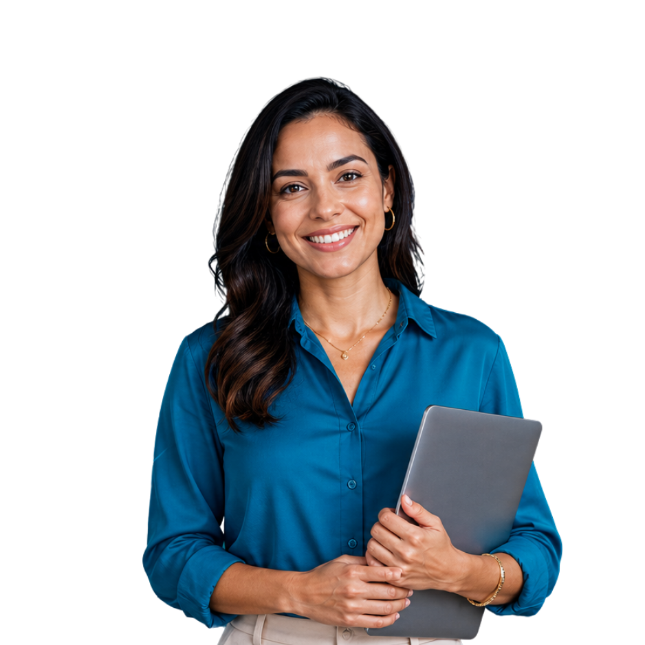 Imagem ilustrativa de uma mulher sorrindo, segurando um tablet.
